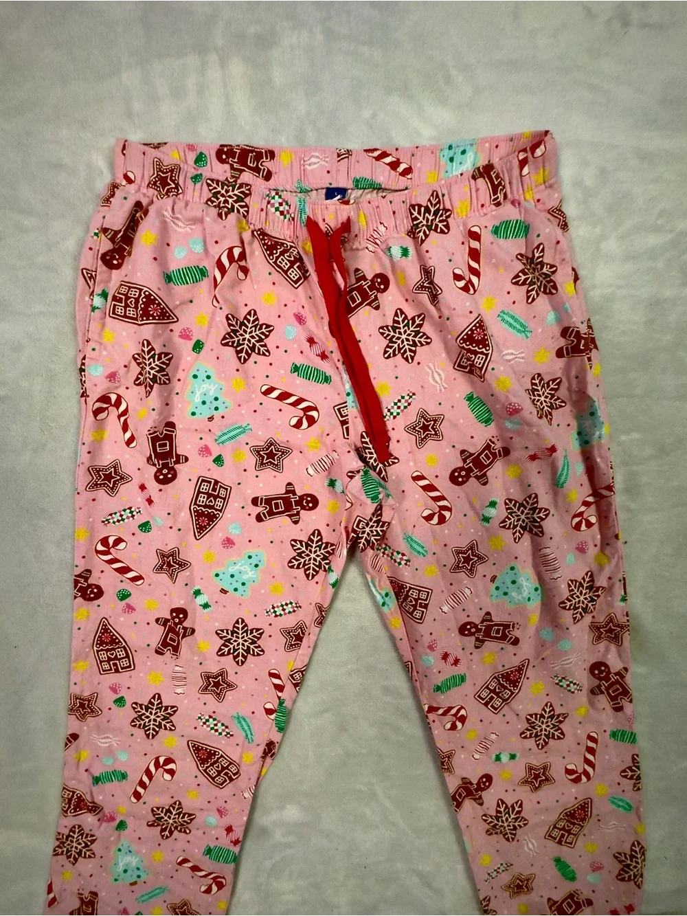 Old Navy Pink Holiday Gingerbread Print Pajama Pants with Red Drawstring